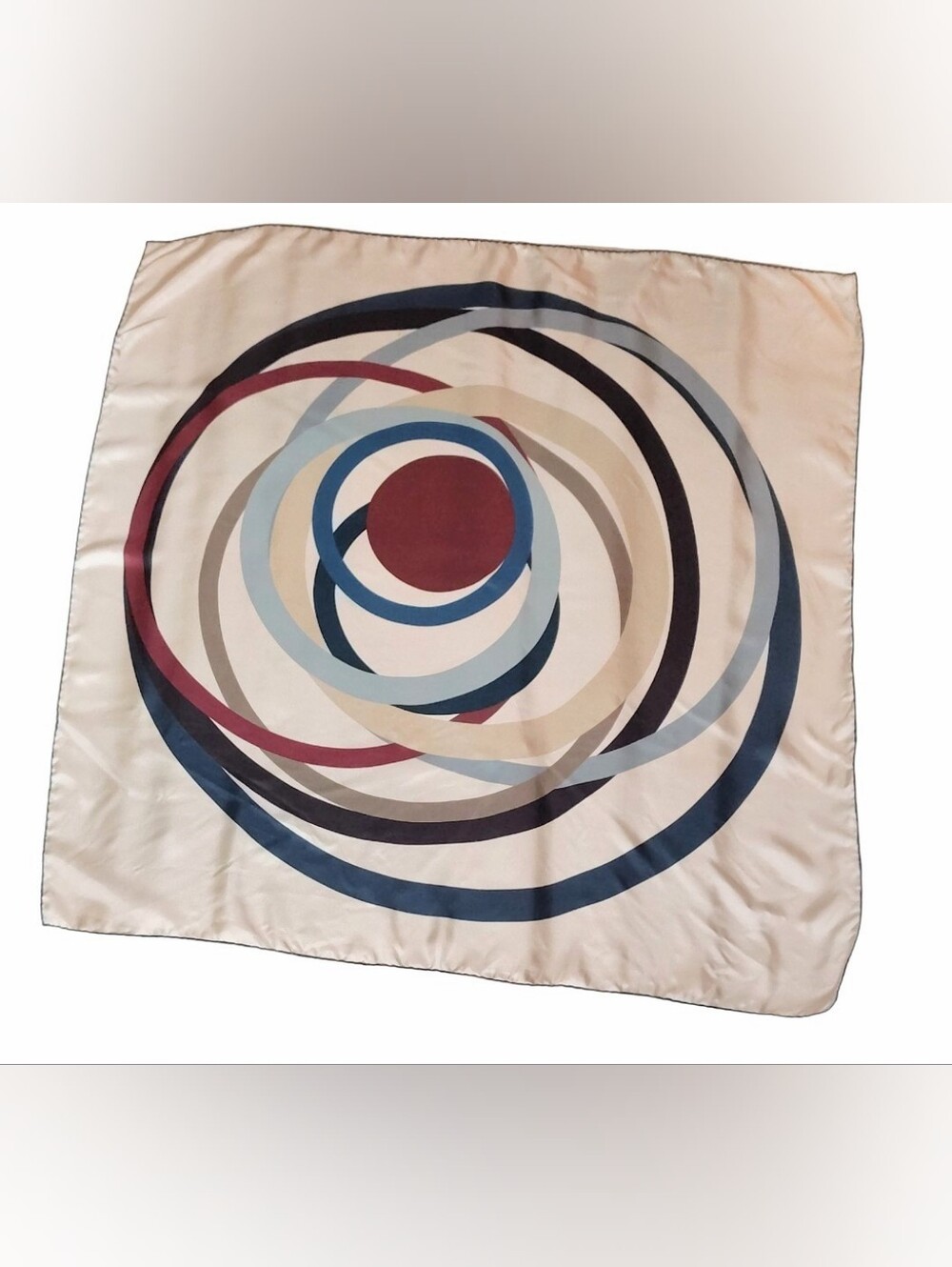 Vintage Silk Scarf Carre with Swirl Pattern - Cream/Blue/Red Large